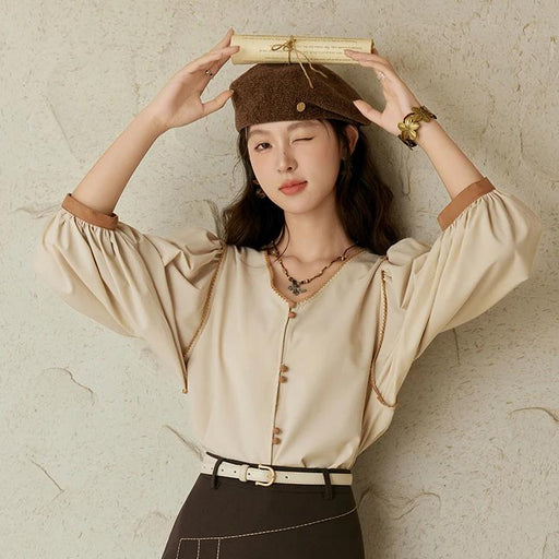 retro v-neck lantern sleeve shirt - MRSLM