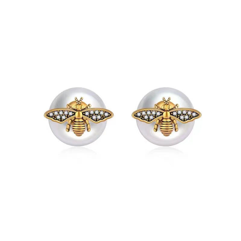 women's vintage pearl bee earrings, view 5 - MRSLM
