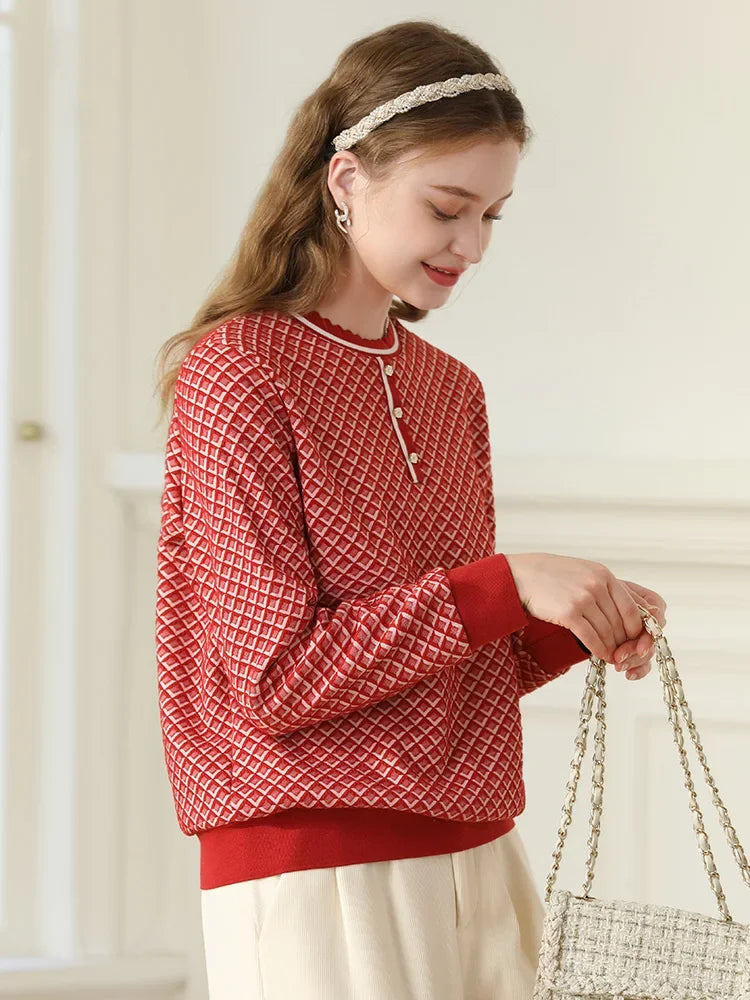 women's plaid knit ribbed sweatshirt, view 4 - MRSLM