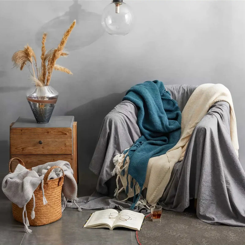 nordic wool knitted tassel blanket, view 5 - MRSLM