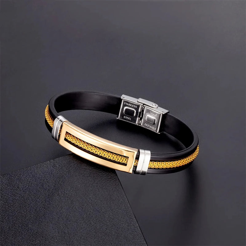 Men's steel and silicone bracelet with gold chain, view 4 - MRSLM