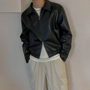 cropped pu leather jacket men polo collar, view 2 - MRSLM