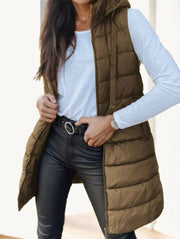 Women's long hooded puffer vest, view 4 - MRSLM