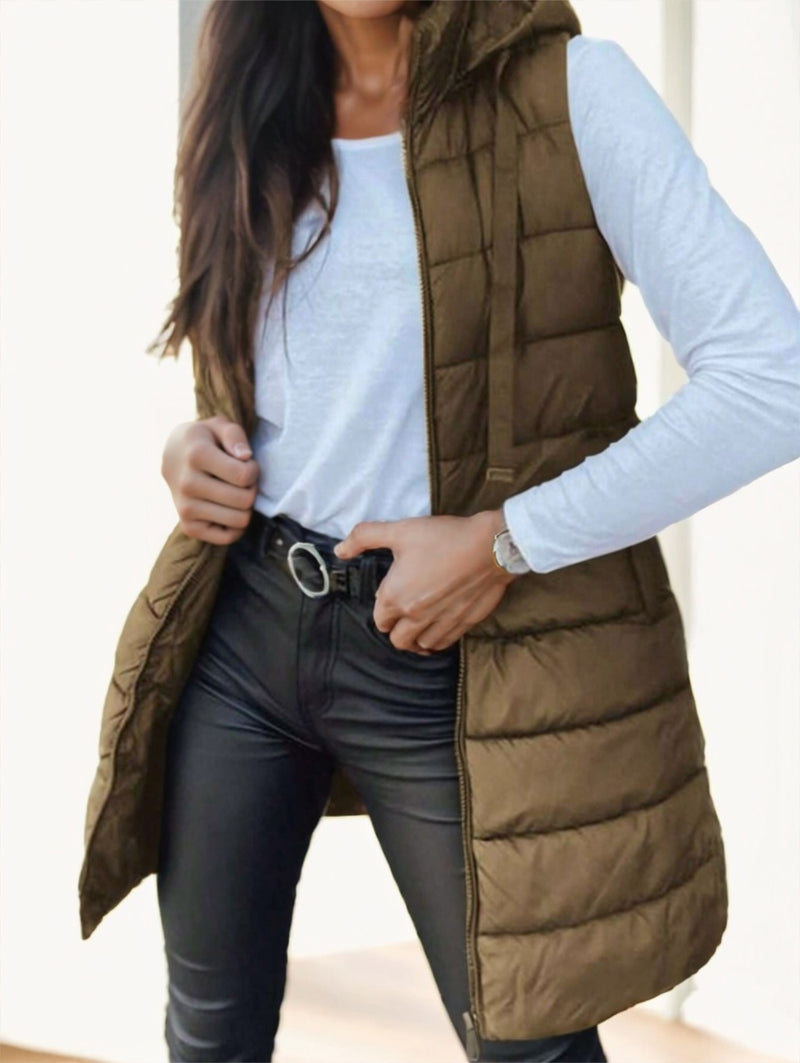 Women's long hooded puffer vest, view 4 - MRSLM