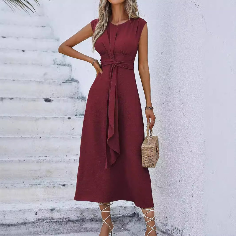 solid color waist tied dress for women, view 2 - MRSLM