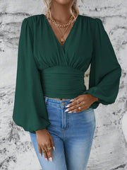 V-neck pleated long sleeve top, view 9 - MRSLM