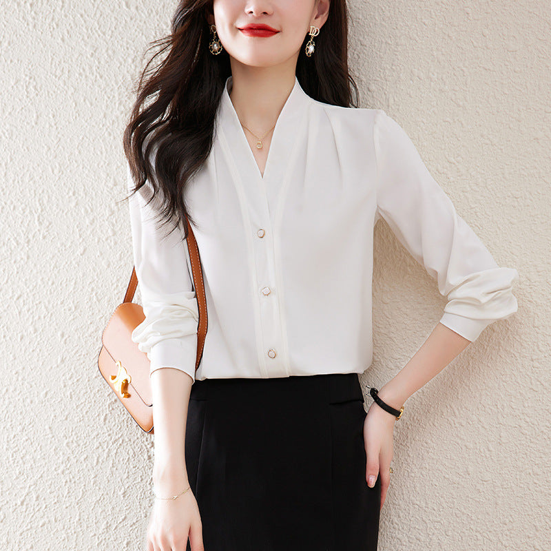 women's long sleeve v-neck loose shirt, view 3 - MRSLM