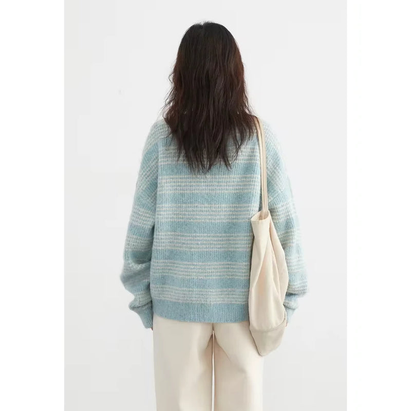 women's loose striped round neck sweater, view 4 - MRSLM