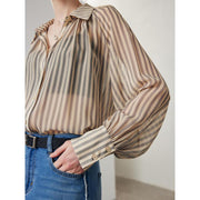 women's striped silk casual shirt, view 3 - MRSLM