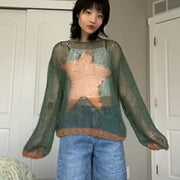 round neck star knit pullover sweater, view 3 - MRSLM