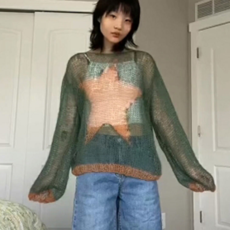 round neck star knit pullover sweater, view 3 - MRSLM