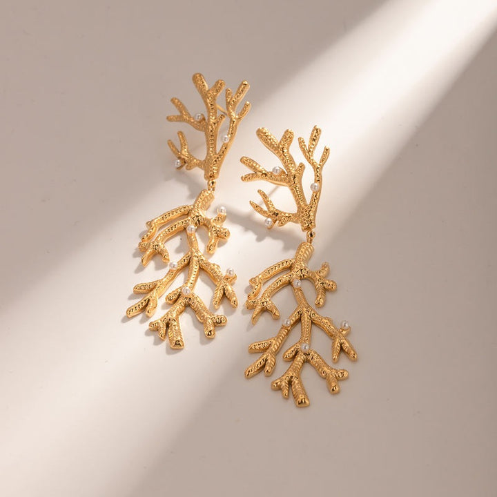 Gold Plated Coral Pearl Pendant Earrings