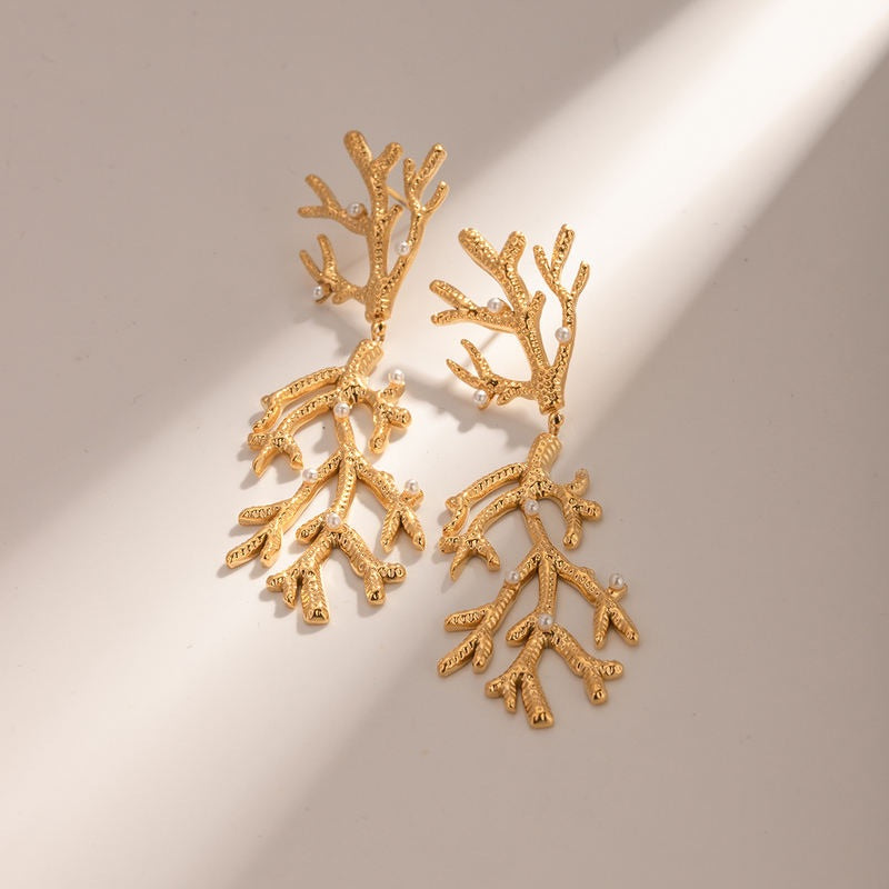 gold coral pearl pendant earrings - MRSLM