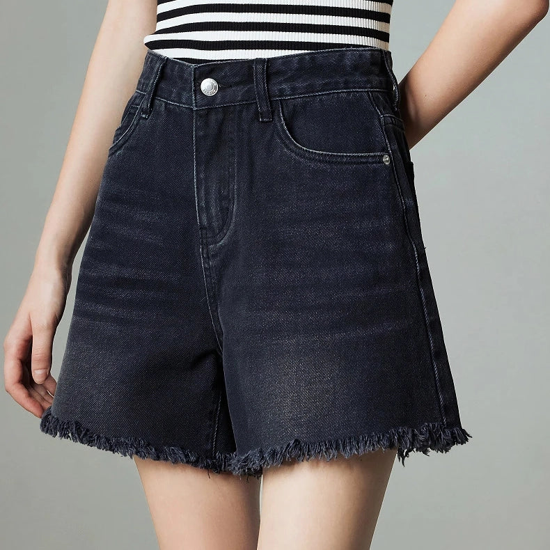high waist tassel denim shorts, view 9 - MRSLM