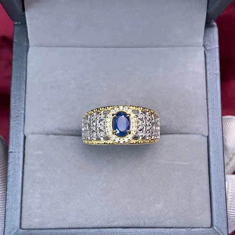 men's natural sapphire silver ring - MRSLM