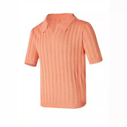 mens lapel solid color knitted short sleeve top, view 3 - MRSLM