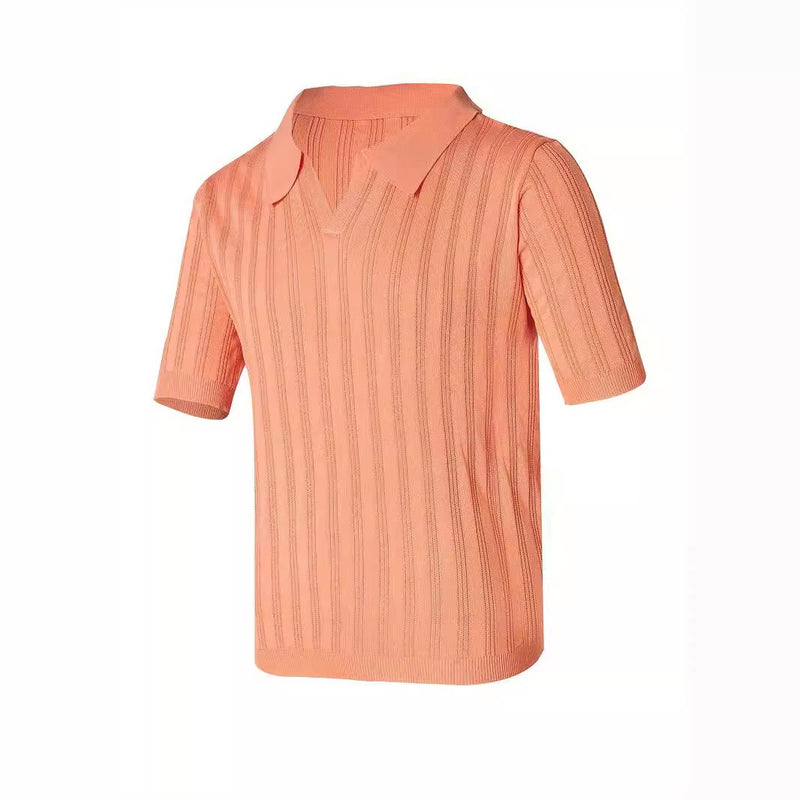mens lapel solid color knitted short sleeve top, view 3 - MRSLM