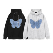 retro denim patch butterfly flower hoodie - MRSLM
