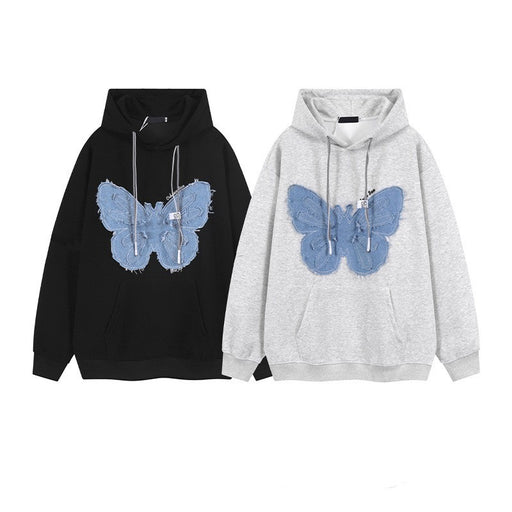 retro denim patch butterfly flower hoodie - MRSLM