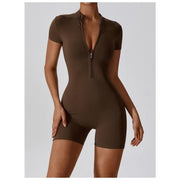 short sleeve zipper yoga bodysuit, view 10 - MRSLM