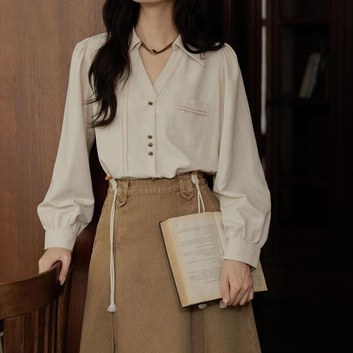 women's long-sleeved V-neck office shirt - MRSLM