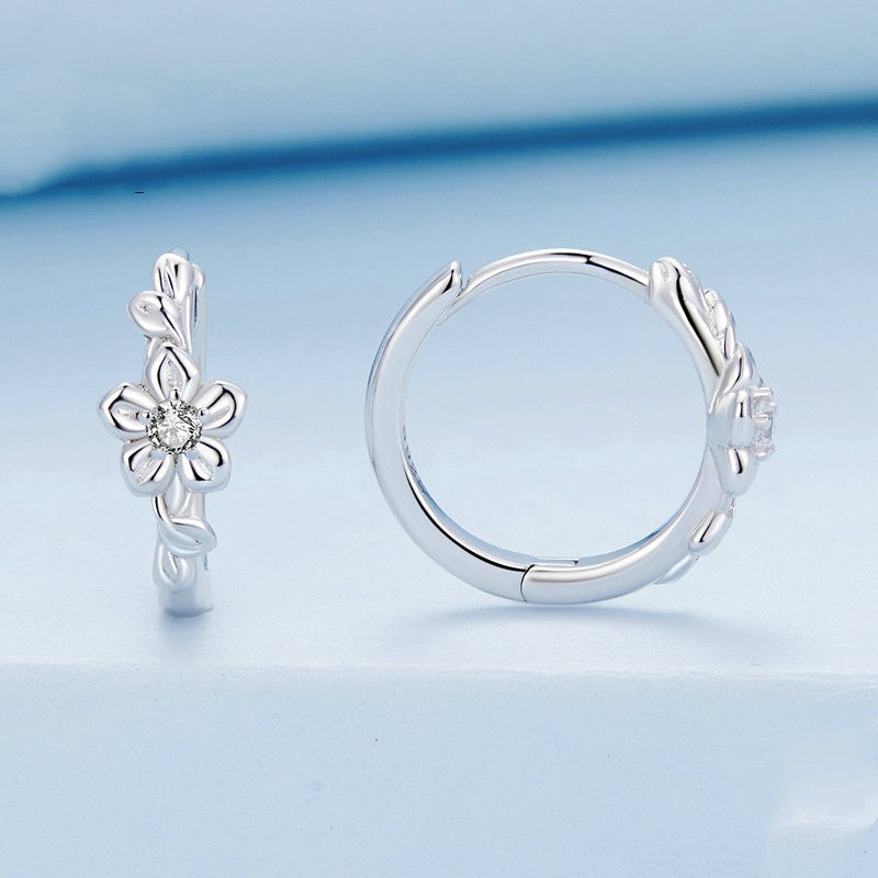 white gold zircon flower hoop earrings, view 2 - MRSLM