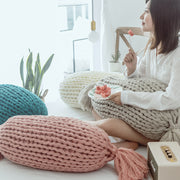 candy shape chunky knit pillow with tassels, view 9 - MRSLM