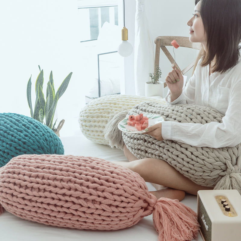 candy shape chunky knit pillow with tassels, view 9 - MRSLM