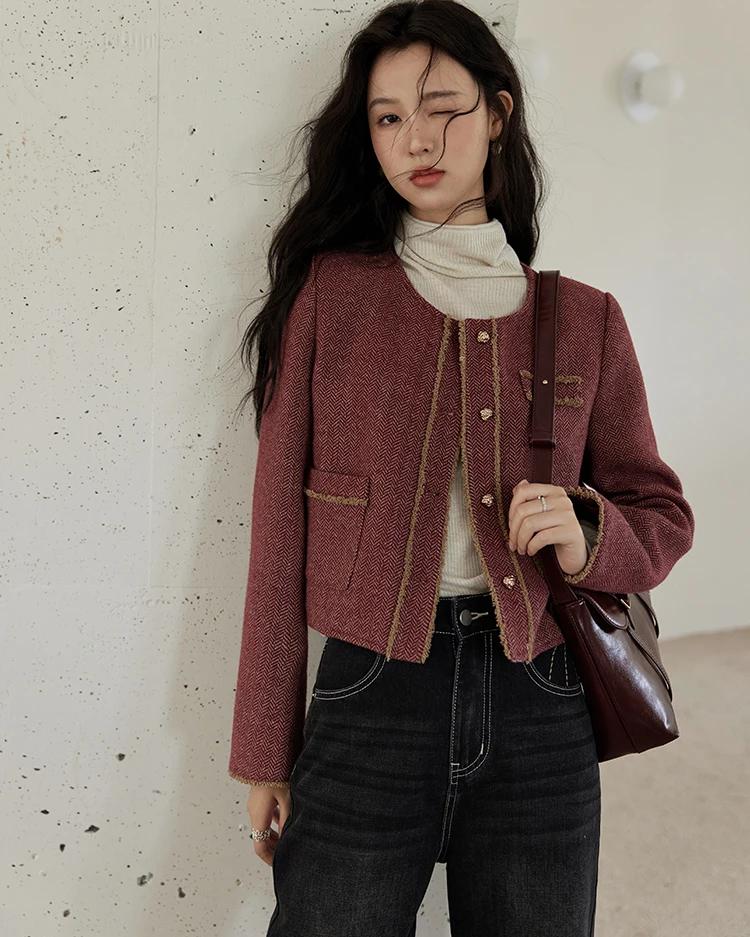 Autumn Winter Plaid Tweed Short Jacket for Women