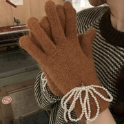 Rabbit fur pearl bow gloves, view 15 - MRSLM