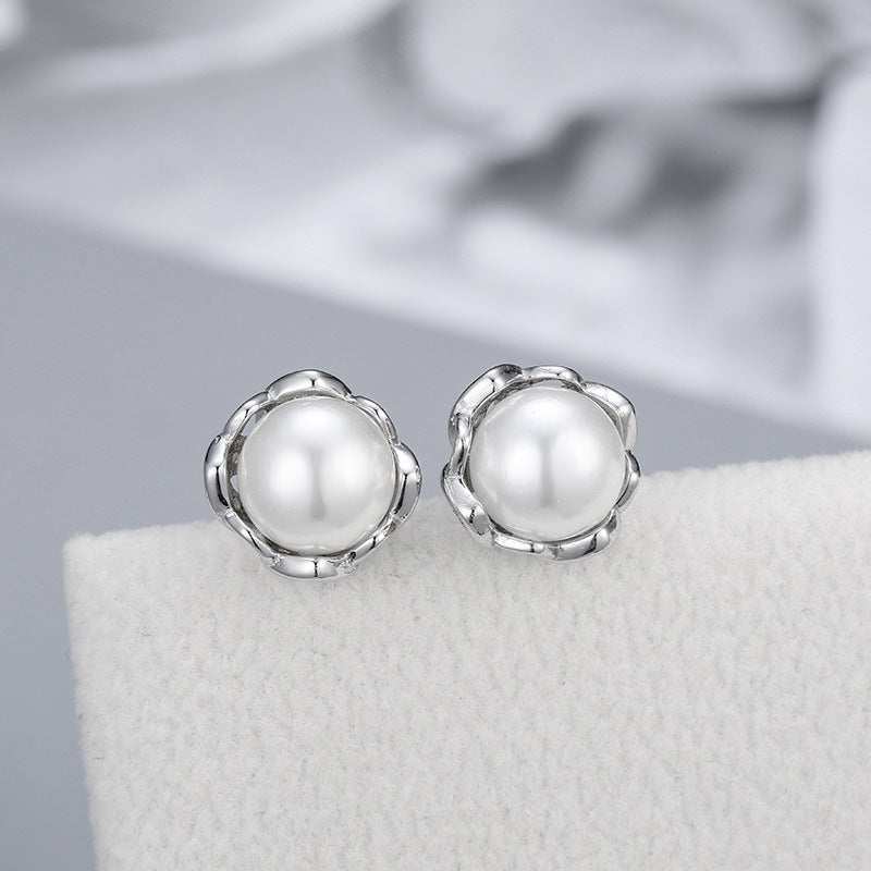 S925 silver flower pearl stud earrings, view 6 - MRSLM