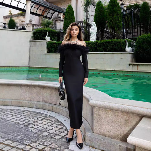 fur collar bandage dress - MRSLM