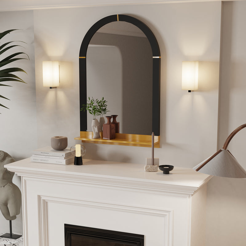 arched black and gold wall mirror with shelf, view 6 - MRSLM
