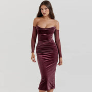 off shoulder velvet Christmas dress, view 2 - MRSLM