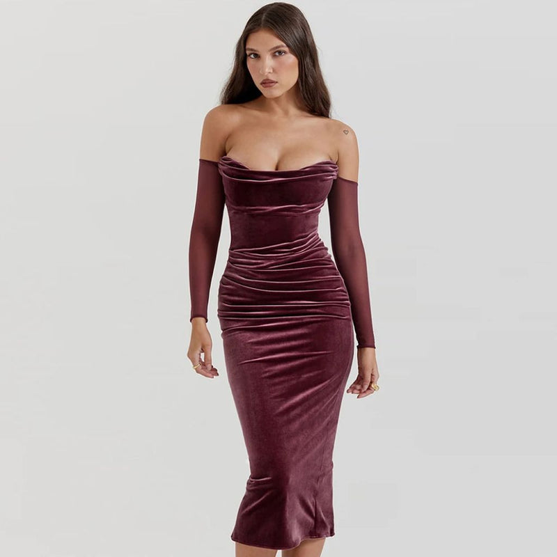 off shoulder velvet Christmas dress, view 2 - MRSLM
