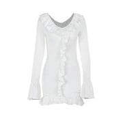 slim knit ruffled long sleeve dress, view 5 - MRSLM