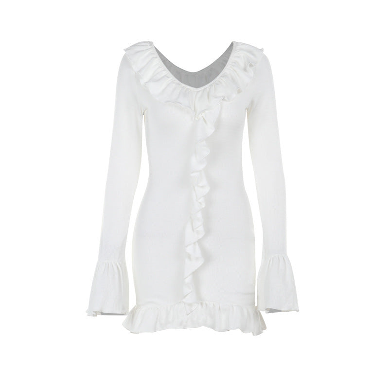 slim knit ruffled long sleeve dress, view 5 - MRSLM
