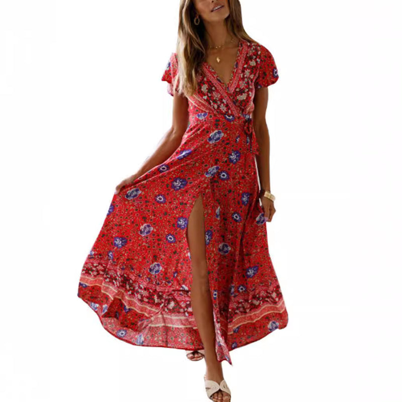 v-neck split bohemian print dress, view 3 - MRSLM