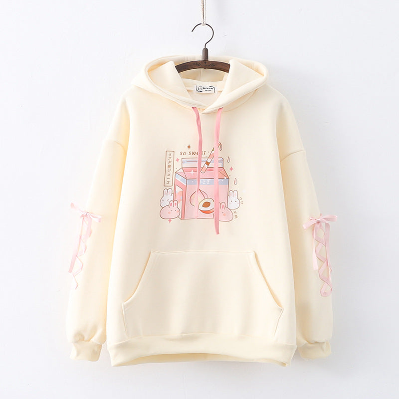 cartoon bunny peach drink fleece hoodie, view 7 - MRSLM