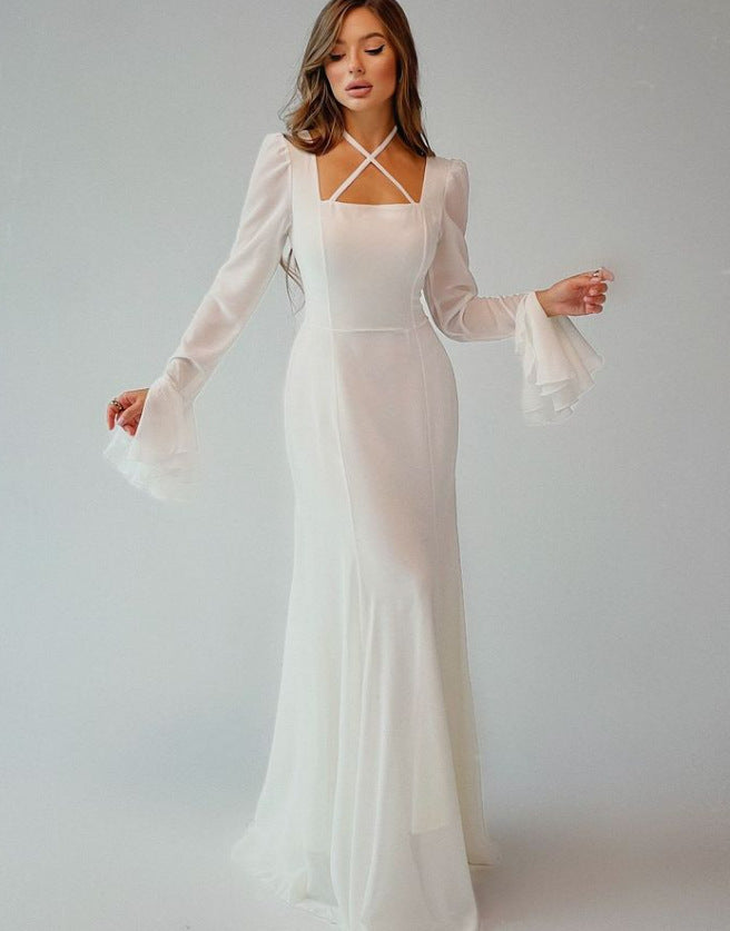 Square collar bell sleeve dress, view 6 - MRSLM
