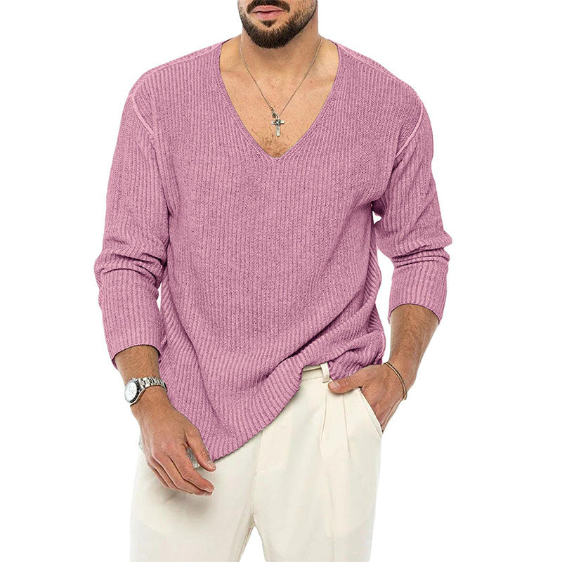V-neck Sweater Men's Solid Color Long Sleeve Fashionable Knitted Sweater