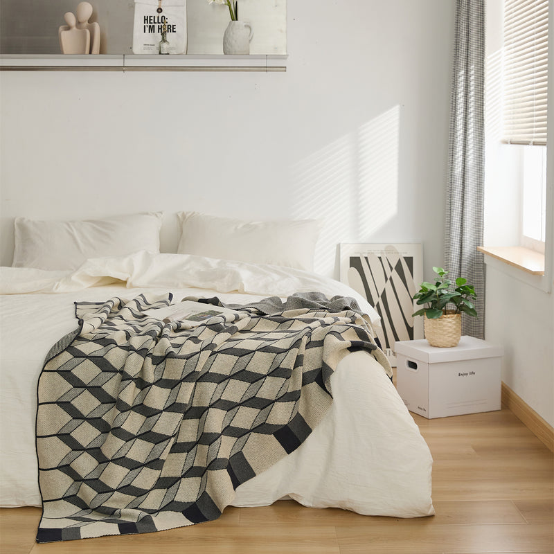 3d cube cotton knitted plaid blanket, view 2 - MRSLM
