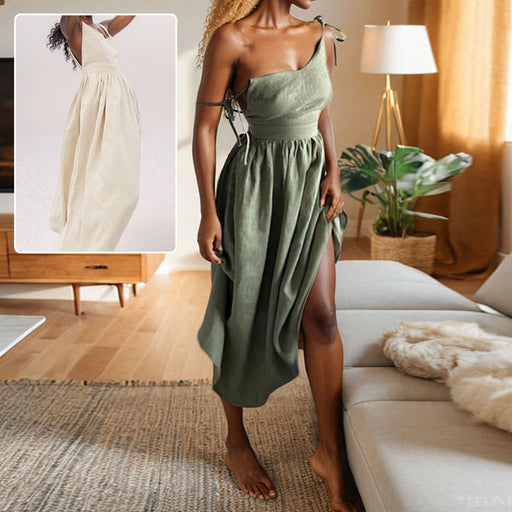 v-neck suspender split backless dress - MRSLM