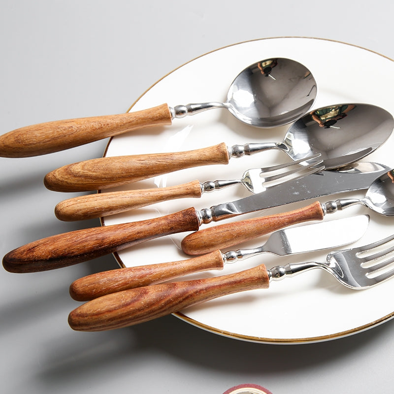rosewood handle stainless steel flatware set, view 6 - MRSLM