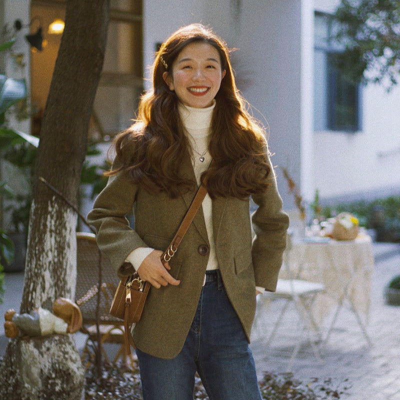 loose simple small woolen suit top, view 3 - MRSLM