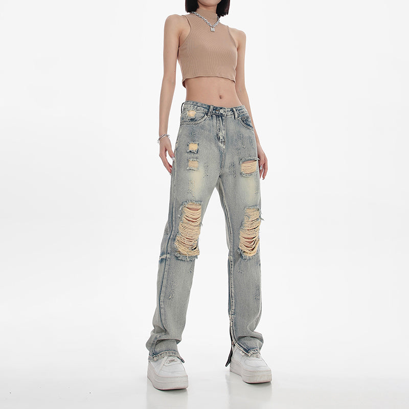 High waist ripped straight jeans for women - MRSLM