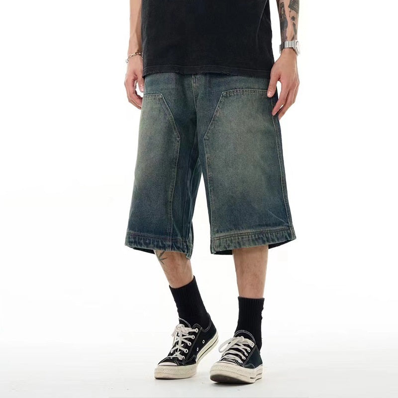 mens loose wide leg washed denim shorts - MRSLM