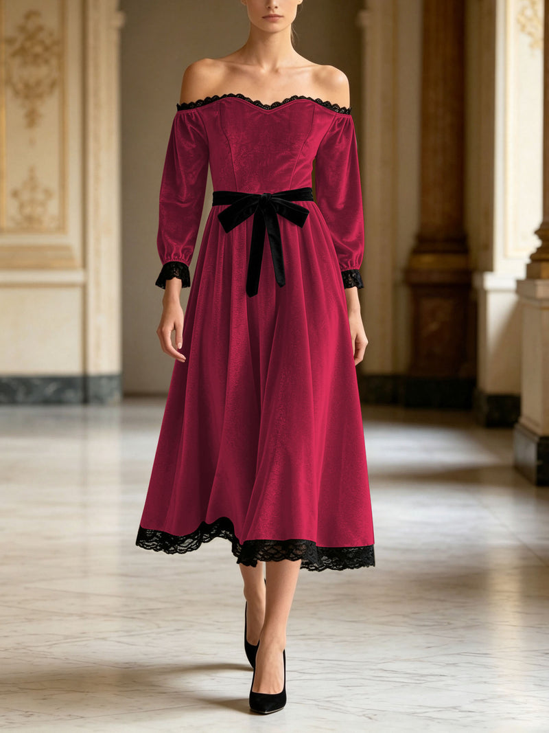 Off-shoulder velvet midi dress with lace trim and bow, view 13 - MRSLM
