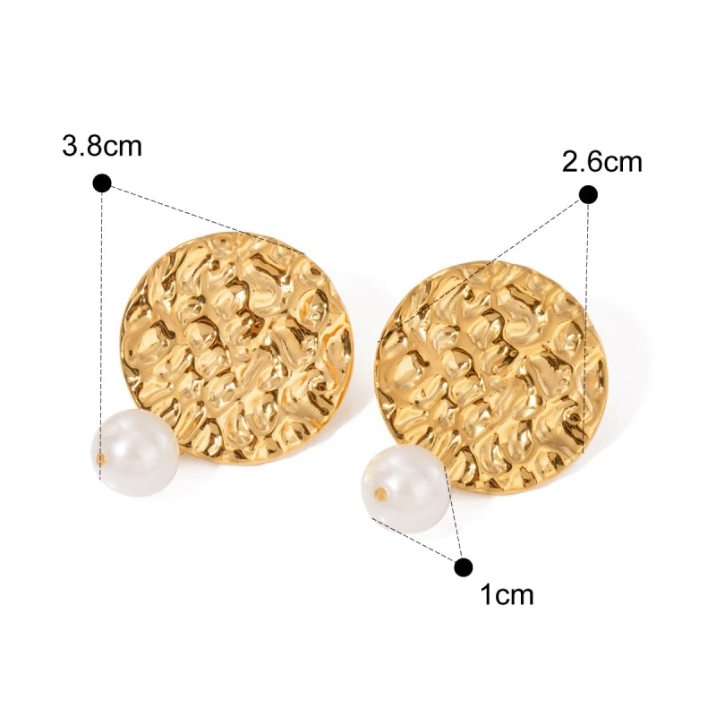 retro gold plated hammered pearl earrings, view 2 - MRSLM