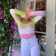 women's hollow knit long sleeve color matching top, view 3 - MRSLM
